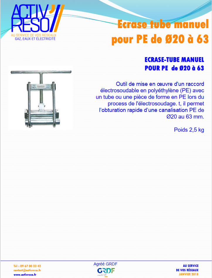 ecrase tube manuel dimaetre 20 à 63 pour raccord electrosoudable en PE